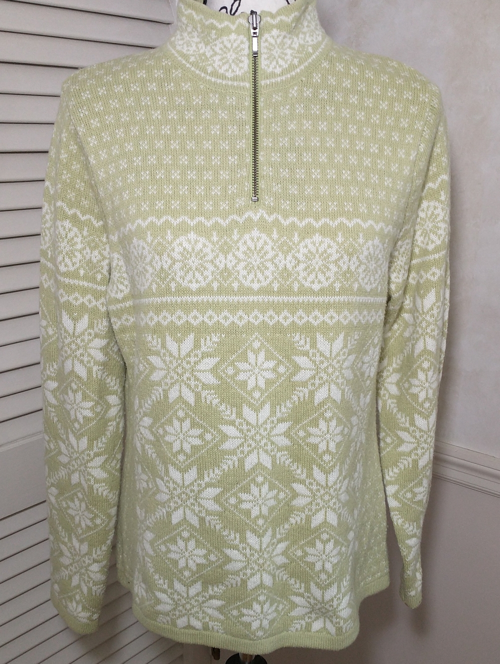 LL Bean Lambs Wool Quarter Zip Sweater, Green,Cream, Snowflake, Cottagecore, L